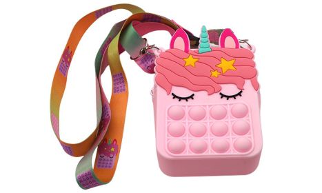 Kids Unicorn and Fruits Crossbody Pop-It Bubble Fidget Handbag Purse (Color: Pink)