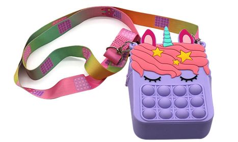 Kids Unicorn and Fruits Crossbody Pop-It Bubble Fidget Handbag Purse (Color: Berry)