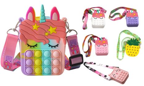 Kids Unicorn and Fruits Crossbody Pop-It Bubble Fidget Handbag Purse (Color: Rainbow)