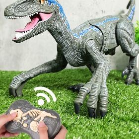 2.4G Remote Control Dinosaur Velociraptor Toy Electric Walking Dragon Toys; Gift Box Packaging For Boy; Children Christmas Gifts (Color: Gray)