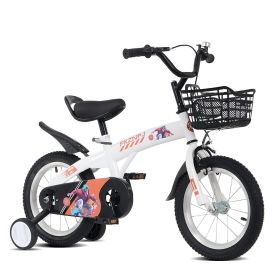 18 inch sporty kids bike with training wheels and stand Adjustable saddle Suitable for boys and girls aged 5-10 years tall Height 39-49 inches (Color: White, Material: Iron+Plastic)