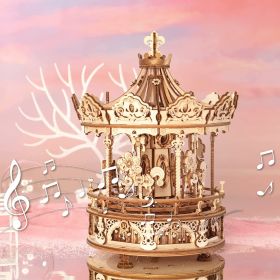 Robotime Rokr 3D Wooden Puzzles Construction Model Kit DIY Music Box Building Kits Rotating - Romantic Carousel (Option: AMK62)